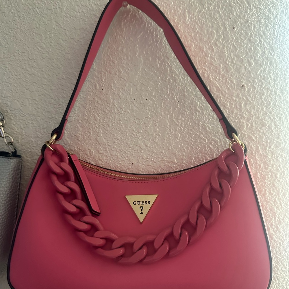 Guess Pink Leather Shoulder Bag with Chain Detail